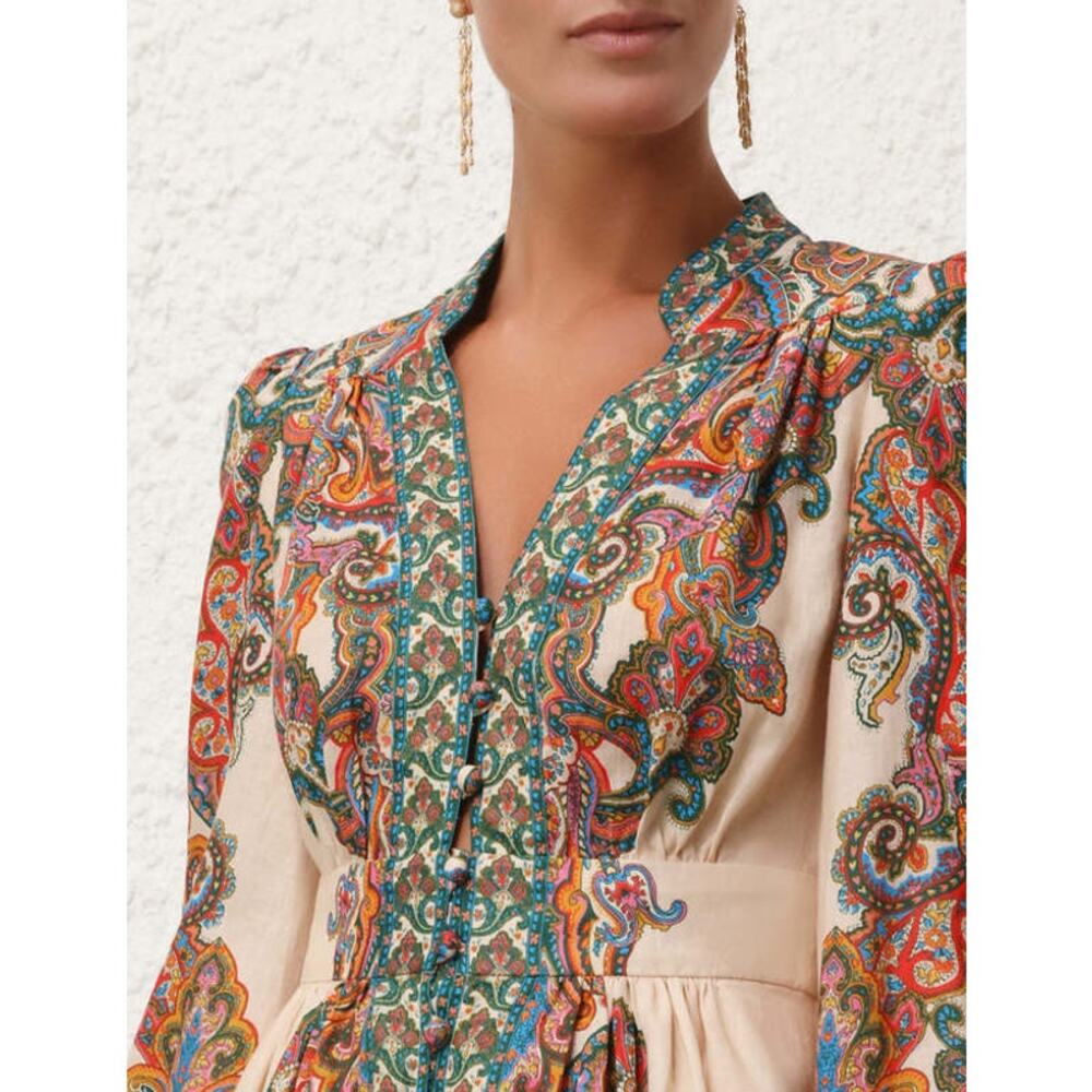 Zimmermann Ottie Plunge Mini Dress Multicolor Paisley Linen Floral Logo XS 0 - Picture 11 of 12